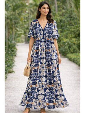 Bloomchic Maxi Dress 14/16 Short Sleeve Boho Resort Mediterranean Tropical NEW